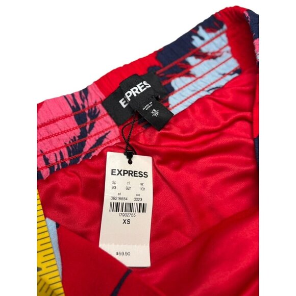 Express Red Tropical Floral Maxi Skirt With Asymmetrical Hem & Elastic Waistband - Picture 3 of 7